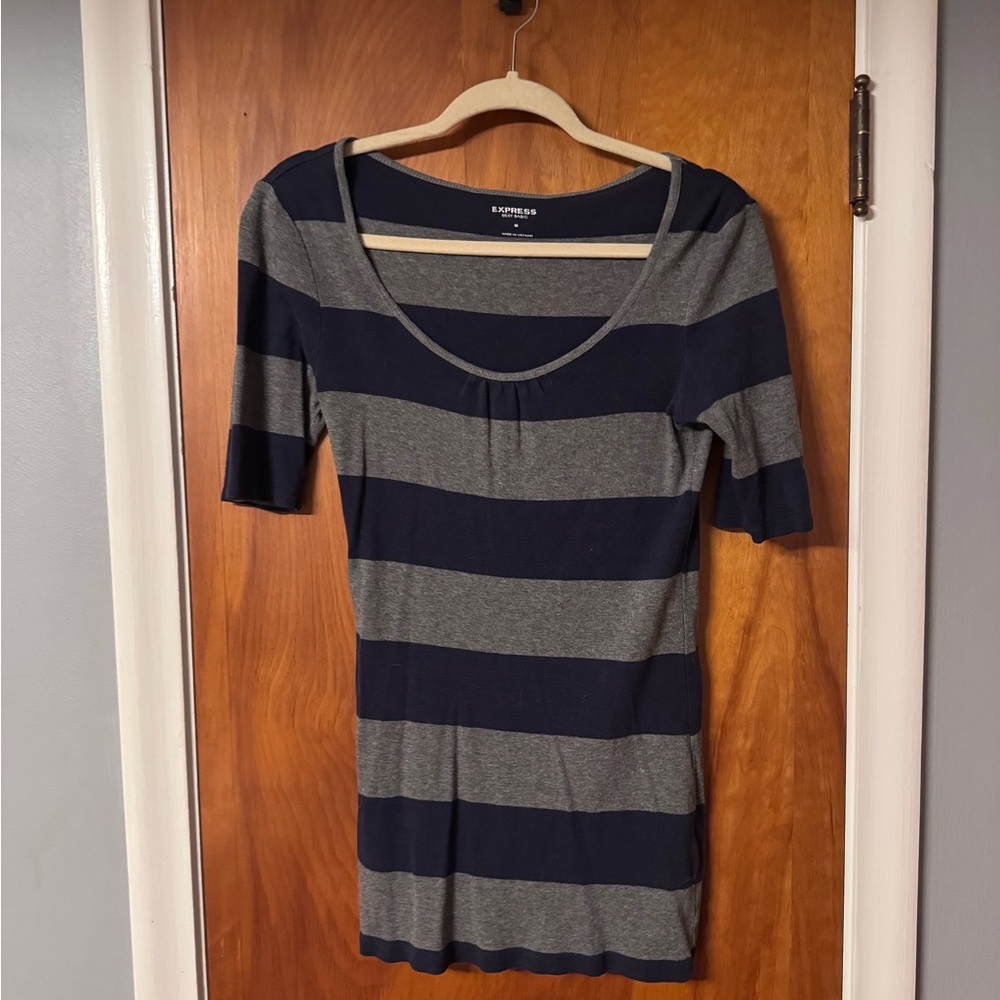 Express Navy and Gray Striped Midi Sleeve Top